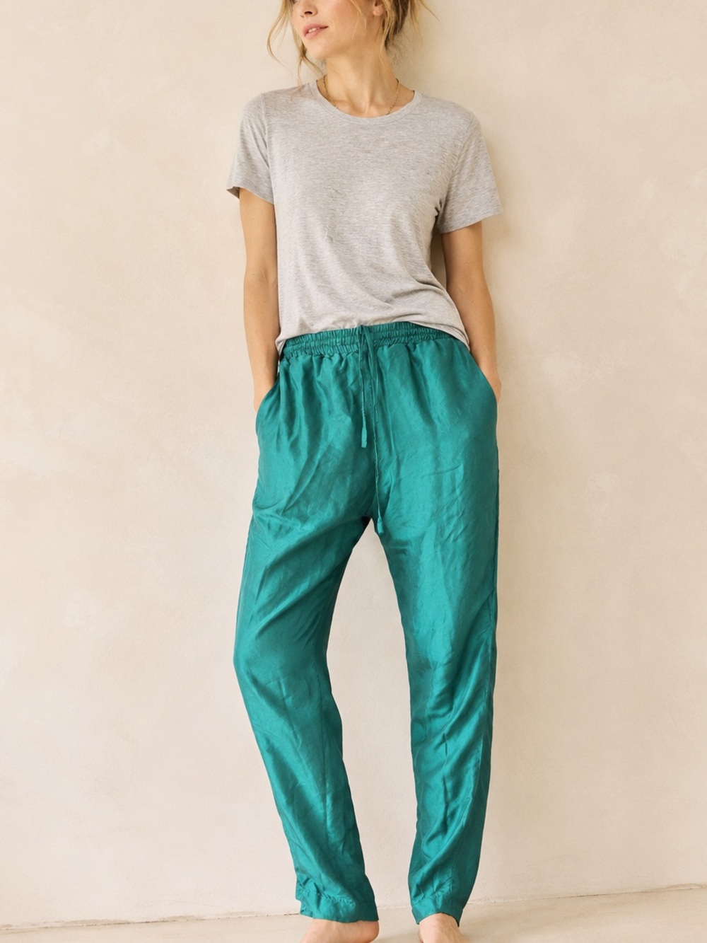 Vintage 1990s Lavon 100% Silk Teal Track Jogger Pants Size Small